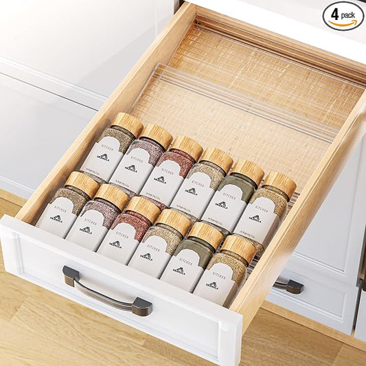 MUDEELA Clear Spice Drawer Organizer, 4 Tier (4 Packs) Spice Rack for Drawer, Expandable From 11" to 22" Kitchen Seasoning Organizers and Storage for Drawer (Jars not included)
