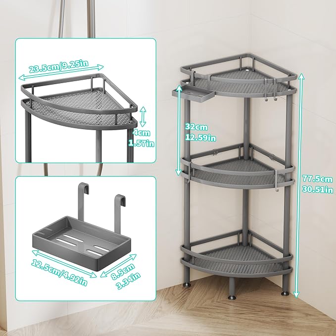 HapiRm Standing Corner Shower Caddy - 3 Tier Shower Organizer Corner with Soap Holder and 4 Hooks, Rustproof Bathroom Storage Shelves with Adhesives, Grey