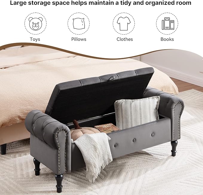 Storage Bench 51" Velvet End of Bed Benches Dark Grey | Queen Size Storage Bench for Bedroom with Rolled Arms Tufted Ottoman Benches Upholstered Bench for Living Room Entryway