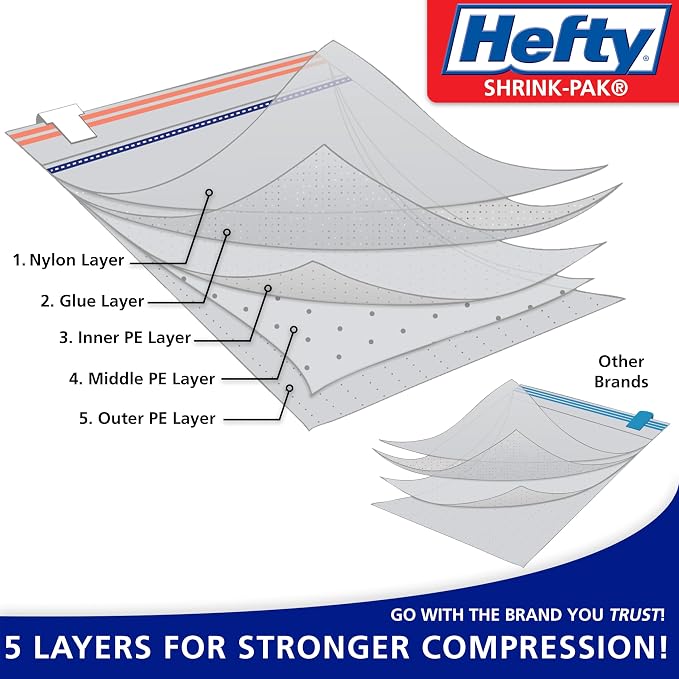 Hefty Shrink-Pak Travel Storage Bags – For Clothes, Pillows, Towels, Blankets & More – Space Saver Suction Sealer Bags for Luggage or Moving – 4 Large, 22.5x18 Inches, 4 XL, 27.5x 19.5 Inches