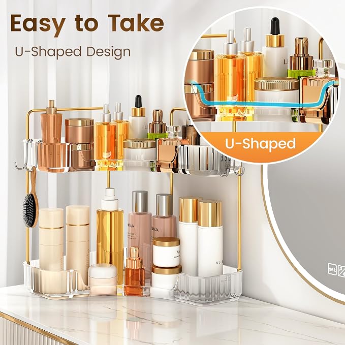 Corner Bathroom Counter Organizer 2 Tier Bathroom Organizers | Storage Countertop with Hooks Skin Care Exquisite Vanity Organizer Countertop Bathroom Storage Dresser, Kitchen-Clear