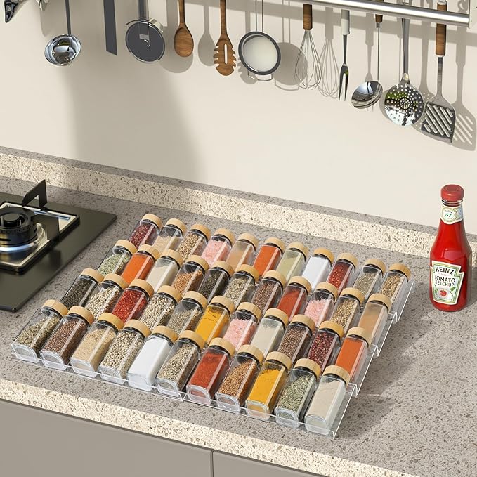 Spice Drawer Organizer 4 Tier, Acrylic Seasoning Organizer Rack, Small | Clear Spice Rack Tray, Kitchen Seasoning Jars Drawers Insert (Jars Not Included/ Expandable From 9" to 18")