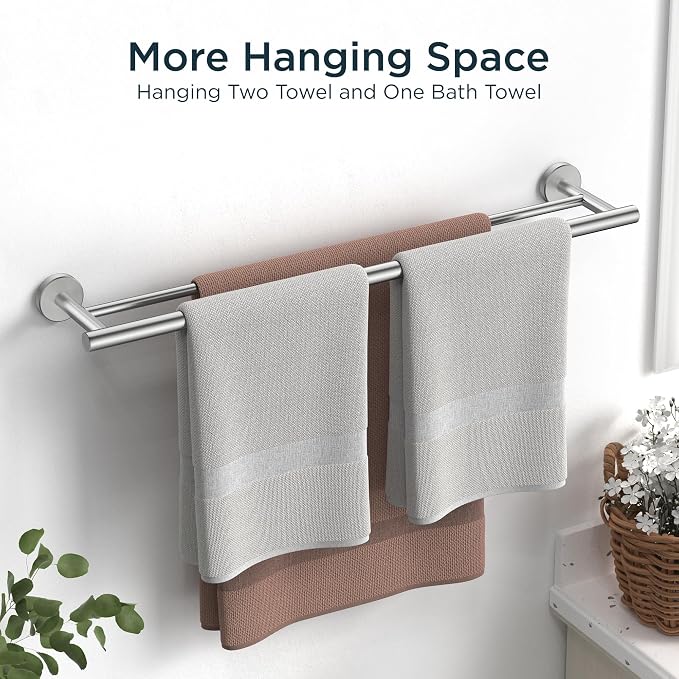 FORIOUS Double Towel Bar 24" Towel Racks for Bathroom Wall Brushed Nickel | Total Length 26 Inch, Rustproof, Stainless Steel Towel Holder, Wall Mounted for Bathroom Bedroom, Heavy Duty, Space Saving