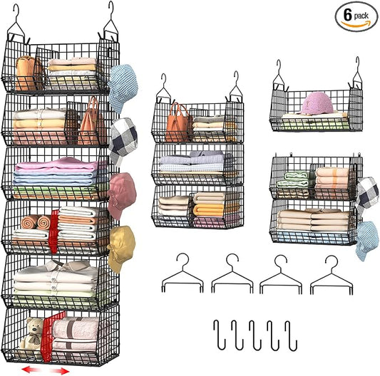 6 Tier Extra Large Hanging Storage Organizer,Hanging Closet Shelves with Dividers,Closet Organizer Wire Shelf with 5 S Hooks,Bedroom,Laundry Storag-Black