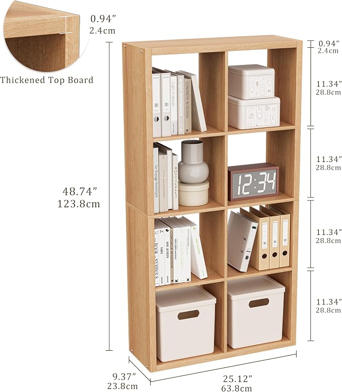 VDNEND Cube Storage Organizer Bookcase, Decorative 11 inch Open Back Cubical Shelf with Thickened Border, Display Bookshelf for Living Room, Home Office, Sturdy Room (Natural Oak, 8 Cube)