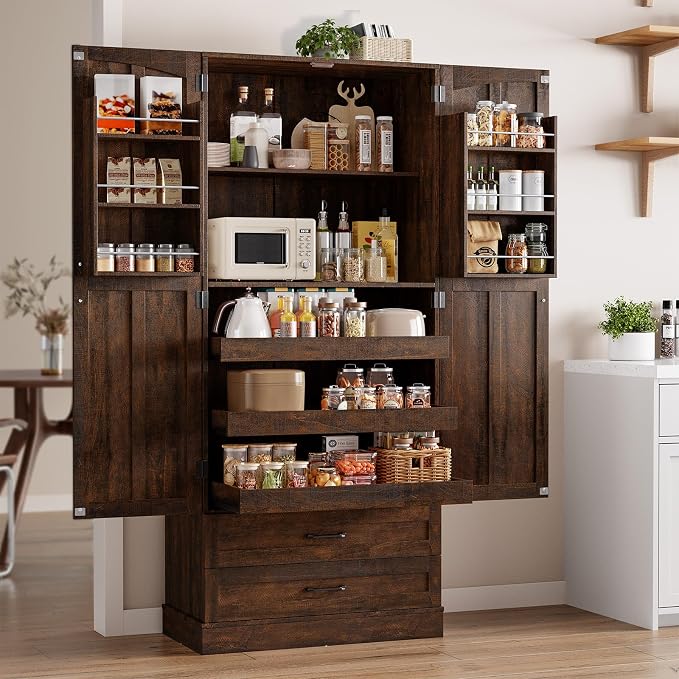 71" Tall Farmhouse Kitchen Pantry Cabinet with 3 Pull Out Shelves & 2 Large Drawers, Pantry Storage Cabinet with 6 Door Shelf & Adjustable Shelf, Freestanding Cupboard for Kitchen, Dining Room