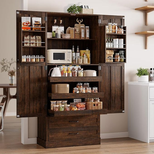 71" Tall Farmhouse Kitchen Pantry Cabinet with 3 Pull Out Shelves & 2 Large Drawers, Pantry Storage Cabinet with 6 Door Shelf & Adjustable Shelf, Freestanding Cupboard for Kitchen, Dining Room
