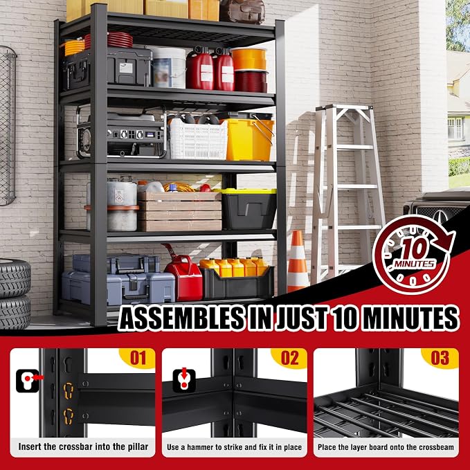 Set of 3 Garage Shelving-2500 lbs 5 Tier Storage Shelves, Adjustable Heavy Duty Metal Shelving Unit and Storage Large Wire Rack, Utility Steel Shelf for Warehouse Industrial Pantry 72"x59"x20", Black