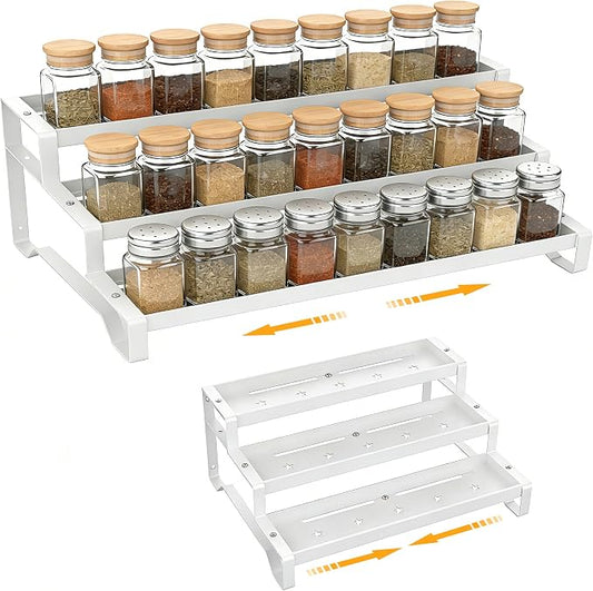 Spice Rack Organizer for Cabinet, 13-21.5" Expandable Spicy Shelf | 9.45" Wide 3-Tier White Metal Seasoning Organizer, Kitchen Spice Organization, Slip-Resistant Guardrails for Jars and Cans