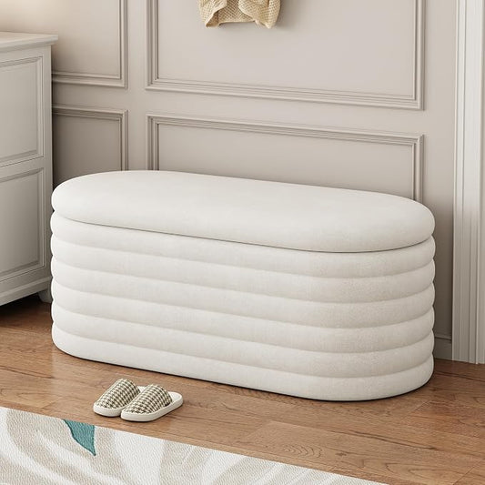 Ball & Cast 40" Oval Ottoman with Storage, Chenille Upholstered Entryway Bench with Safty Hinges for Living Room, End of Bed, No Assembly Required,White
