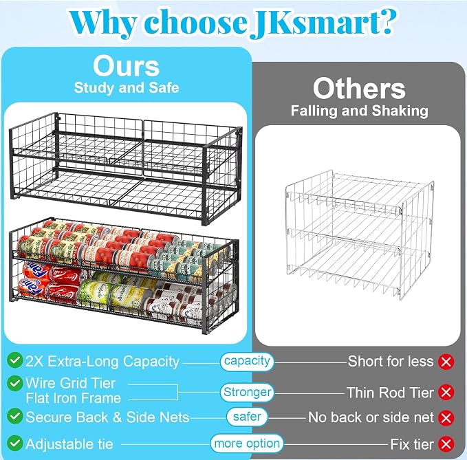 3 Tier Stackable Can Rack Organizer for Pantry Shelf, Adjustable Extra-Long Can Holder for Kitchen Storage, Sturdy Standing Rolling Can Dispenser for Canned Food Goods Drink Soup up to 96, Black