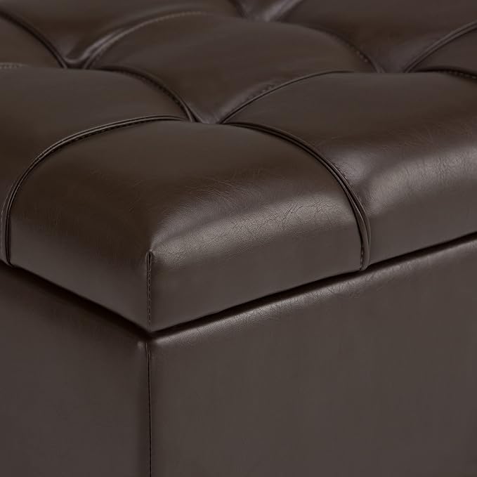 SIMPLIHOME Shiloh 48" Wide Vegan Leather Rectangle Ottoman in Saddle Brown | Transitional ottoman with tufting and lift-up lid; rectangle storage bench for living room or entryway.