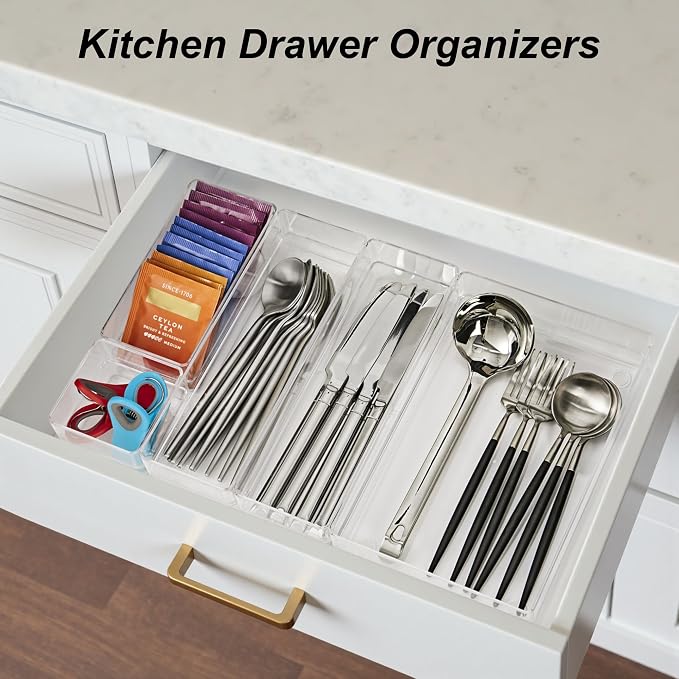 SMARTAKE 25 PCS Drawer Organizer, 4-Size Desk Drawer Organizer Trays | Storage Tray with Non-Slip Silicone Pads for Makeup, Jewelries, Utensils in Bedroom Dresser, Office and Kitchen (Clear)