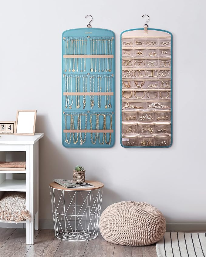 BAGSMART Hanging Jewelry Organizer, Necklace Holder Anti-tangle Earrings Rings Hanger with 20 Jewelry Bags Travel Storage Roll with Pockets Hang on Closet, Wall, Door,1 Piece, Large, Teal