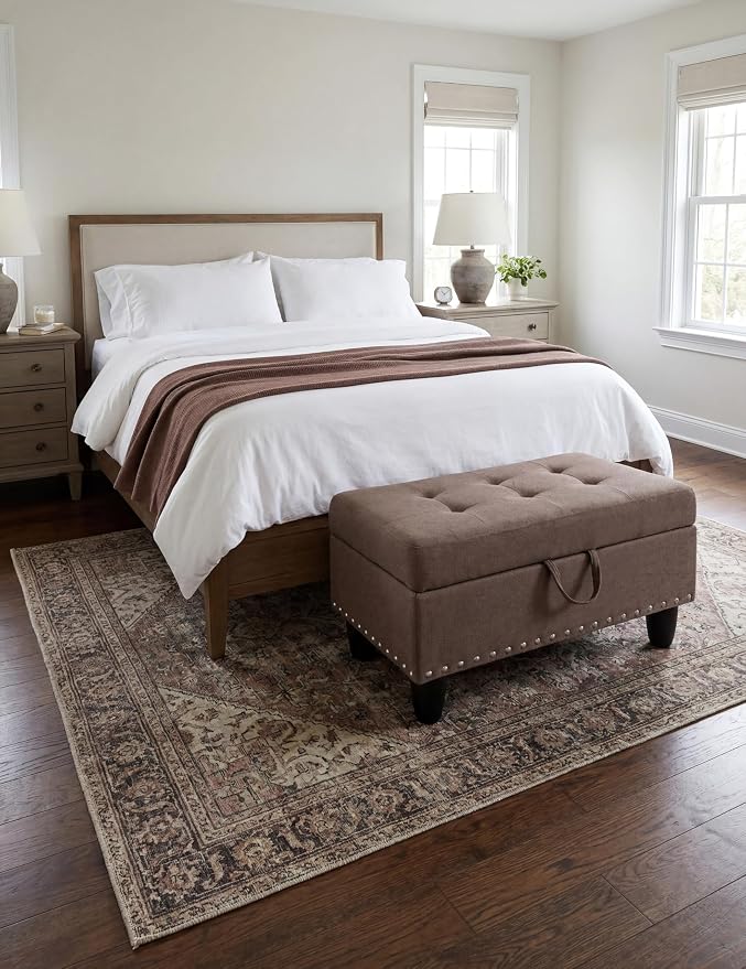 Ottoman with Storage, 28.5 inch Liner Storage Ottoman with Padded Seat, Large Entryway Bench with Solid Wood Frame, Upholstered Sturdy Foot Rest for Living Room, Bedroom, Entryway, Brown