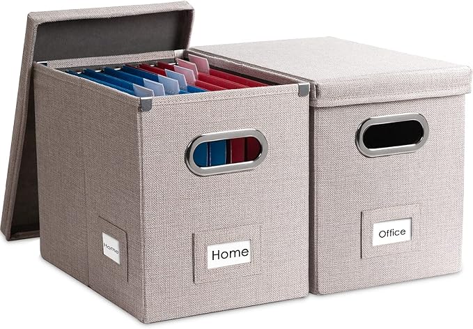 File Organizer Box - Set of 2 Collapsible Decorative Linen Filing Storage Hanging File Folders with Lids Office Cabinet Letter Size Light Grey (14x9.3x10.8 inch)