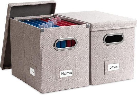 File Organizer Box - Set of 2 Collapsible Decorative Linen Filing Storage Hanging File Folders with Lids Office Cabinet Letter Size Light Grey (14x9.3x10.8 inch)