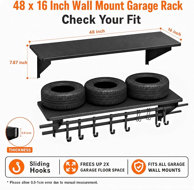 2-Pack 4ft x 16in Heavy Duty Metal Garage Wall Shelving,700lbs Capacity Solid Iron Garage Storage shelves with Sliding Hooks, Wall Mounted Floating Shelves for Workshop,Basement,Tools & Bins,Black