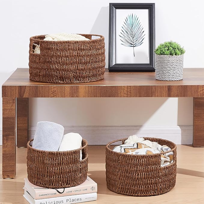 Wicker Storage Basket, Hand-Woven Paper Rope Large Round Woven Basket With Handles, Wicker Baskets for Organizing/Storage, Brown, 3-Pack