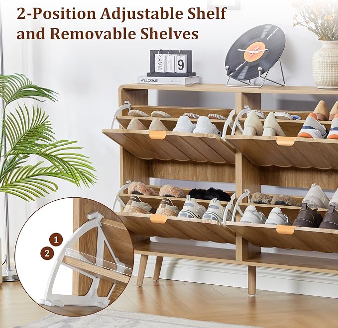 Shoe Storage Cabinet for Entryway with 4 Flip Drawers, Freestanding Narrow Wood Shoe Cabinet with Wave Panel, Hidden Shoe Organizer for Foyer, Hallway (Natural)