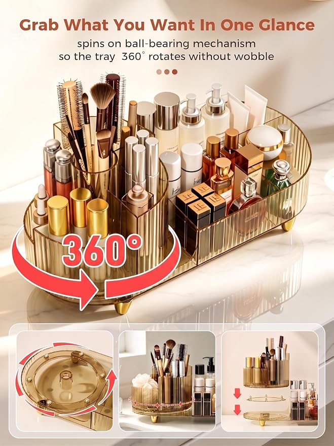 Booklov Rotating Makeup Organizer for Vanity Countertop, Amber | Clear Acrylic Cosmetic Display Case, Large Beauty Brush Holder for Bathroom Counter, Skincare Lipsticks Storage