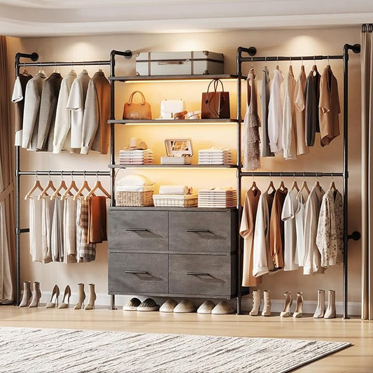T3 Closet System with Stepless Dimmable LED Light, Industrial Pipe Clothing Rack with 4 Drawers, 6 Wooden Shelves & 4 Telescopic Rods, Heavy Duty Closet Organizers in Wardrobe Closet (Black Gray Oak)