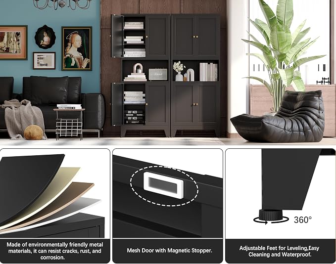 69" H Kitchen Pantry Cabinet with Countertop,Kitchen Hutch Cabinet with Storage,Black Metal Storage Cabinet,Microwave Cabinet,