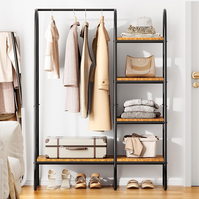 soges Clothes Rack, Garment Rack with 5 Shelves Hanging Bar, Rustic Brown | Open Wardrobe for Hanging Clothes and Storage, Free Standing Closet Organizer, Clothing Rack for Bedroom Entryway Small Space
