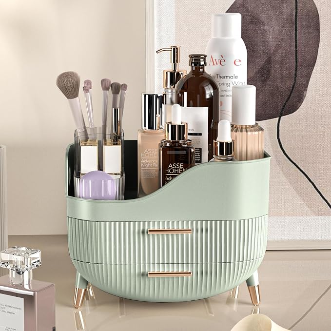 Pajiriona Makeup Organizer with Drawers, Green Skincare Organizer for Vanity, Storage Box with Handle, Large Cosmetic Display Case for Dresser, Bathroom Countertop