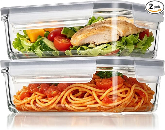 Vtopmart 2Pack 30oz Meal Prep Container Glass with Lids | Glass Food Storage Container Sets, Snap Airtight Lids, For Microwave, Oven, Freezer and Dishwasher, BPA Free