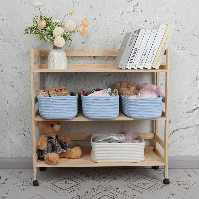XUANGUO Small Woven Storage Baskets for Shelves, 12" x 8" x 5", Blue | Decorative rope storage bins for closets and toy storage; cute organizer baskets, empty gift baskets and nursery storage.