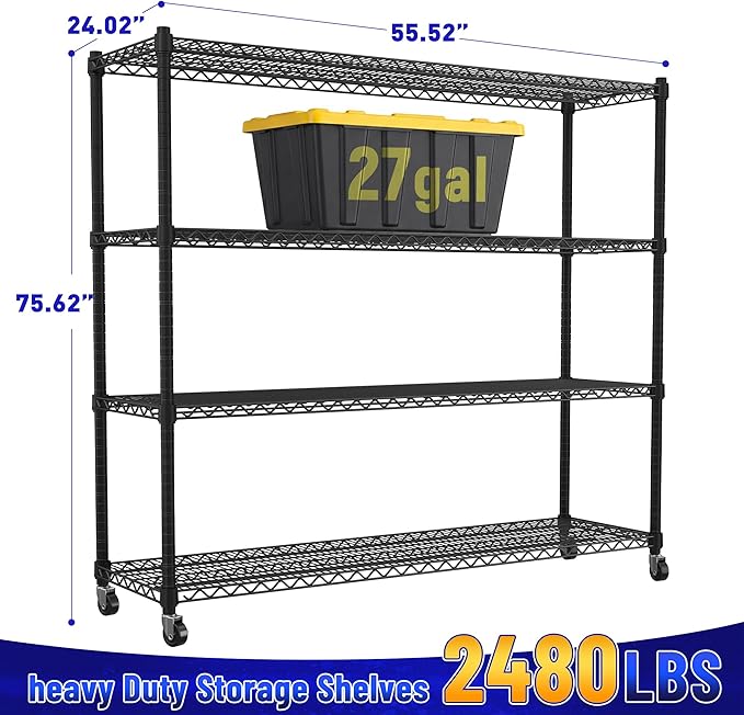 REIBII 4-Tier Heavy Duty Shelving with Wheels, 2480LBS Storage Shelf Rack | 1-inch (25.4mm) steel tube, industrial casters, lockable wheels, tool-free, rust-proof, garage, warehouse, pantry, commercial