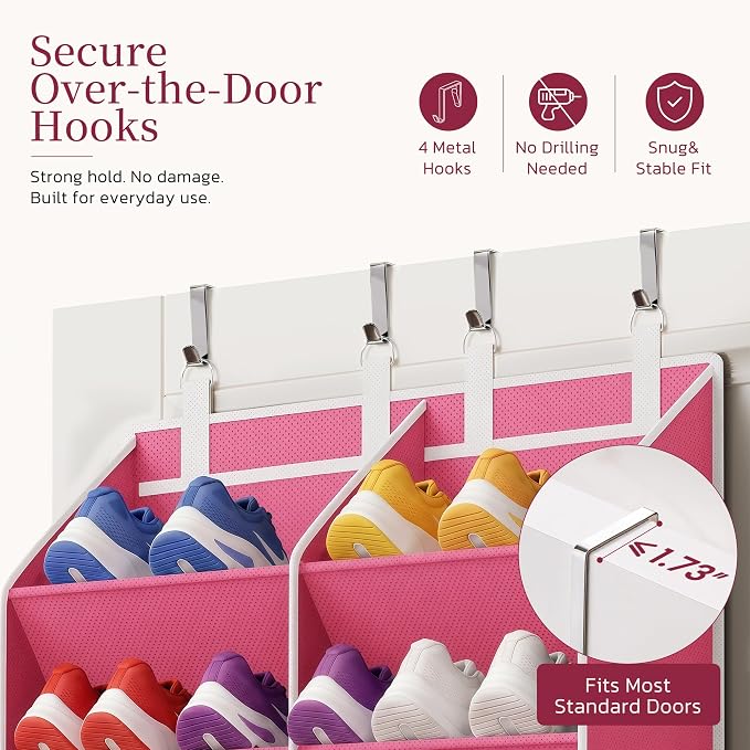 Over the Door Shoe Organizer, 20-30 Pairs Heavy-Duty Hanging Shoe Storage with Large Pockets, 10-Tier Door Shoe Rack with 4 Hooks for Sneakers Sandals Heels Boots (Pink)