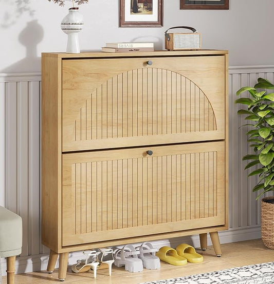 Fsbecl Shoe Storage Cabinet for Entryway with 2 Flip Drawers, Narrow Wood Shoe Cabinet with Fluted Panel, Freestanding Hidden Shoe Organizer for Hallway