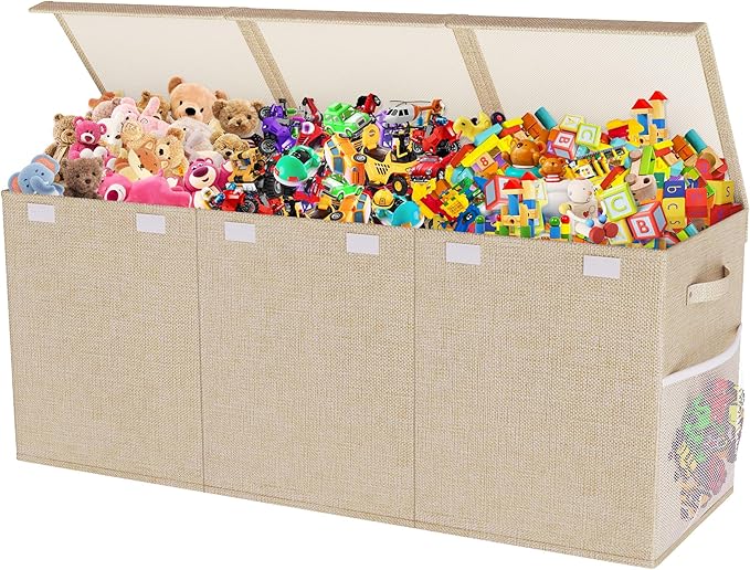 Extra Large Toy Box, Collapsible Toy Storage Organizer, 40"x16"x16", Beige | Sturdy Kids Toys Bin Chest with 2 Mesh Pockets and Dividers for Boys Girls, Bedroom & Living room Toy Organization