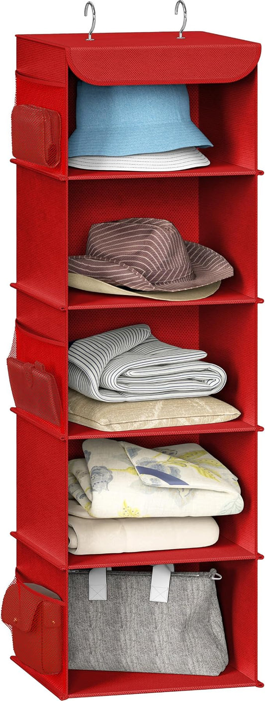 Simple Houseware 5 Shelf Hanging Closet Organizer, Red | 360° Rotating Dual Hooks, Top Support Metal Frame, 6 Side Mesh Pockets