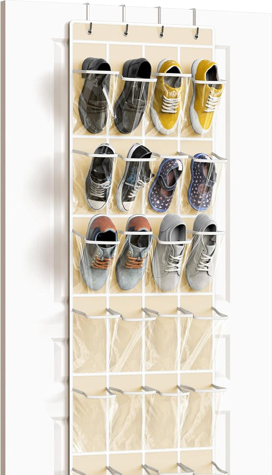 Simple Houseware 24 Pockets Clear Over the Door Shoe Organizer, Beige | 64" x 19", 4 Durable Metal Hooks, 4.3" x 9.5" Pocket Size, Multipurpose