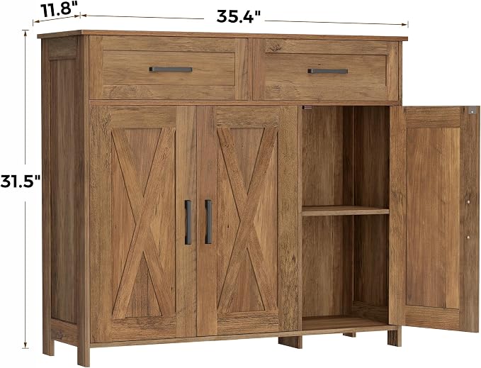 Homhedy Coffee Bar Storage Cabinet with Drawers, Kitchen Buffet Cabinet | Sideboard Cabinet with Doors, Farmhouse Buffet Cabinet, Adjustable Shelves, for Kitchen / Dining / Living Room, Rustic Walnut