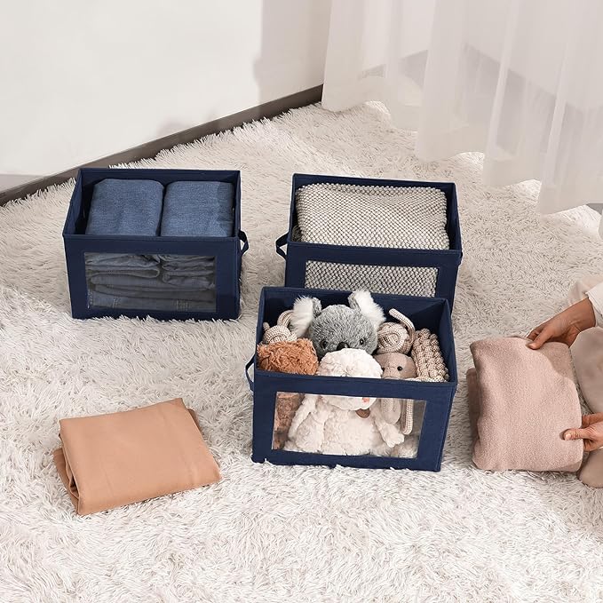 Homsorout Foldable Storage Boxes with Lids - Decorative Storage Boxes with Clear Window, Fabric Storage Baskets for Organizing, Closet Storage for Clothes, Yarn, Home, Navy Blue, 4-Pack