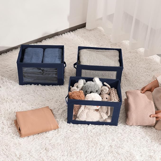 Homsorout Minimalist 6 Pack Large Fabric Storage Bins with Lids, Navy Blue, 14 Inch. - 6 Count, Ideal for Clothes, Books, CD, Bedroom, Living Room
