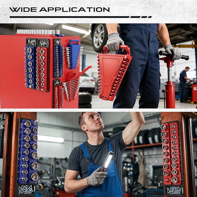 8-Piece Magnetic Socket and Wrench Organizer Set, Metric & SAE, 1/4", 3/8", 1/2"Drive Detachable Socket Storage Tray, 24-Slot Wrench Holder with Non-Slip Handle & Lock Cover for Toolbox Drawer Storage