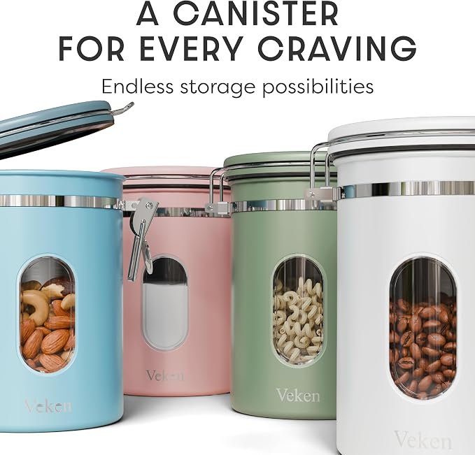 Veken Coffee Canister with Window, Airtight Stainless Steel Container, 22OZ | Date Tracker,Kitchen Food Storage Organizers for Beans, Ground, Espresso, Rice,Tea, Sugar,Cereal, Gifts,Lids,Jars,Scoop, Pink