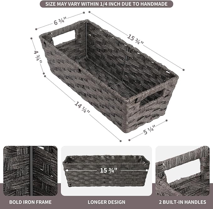 2-Pack Plastic Wicker Toilet Paper Baskets, 15.75"x6.75"x4.75", Dark Grey | onlytak woven bins for bathroom, toilet tank, shelf organization, and home decor.
