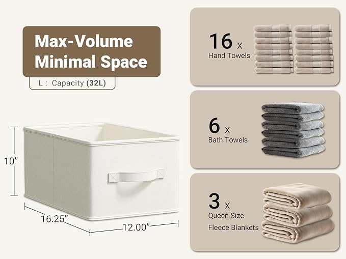 LayerSpace 3 Pack Fabric Storage Bins for Shelves | 16.25x12x10in Closet | Collapsible Bins for Organization | Linen Clothes Storage Bins | White & Ivory | Thickened Rigid PP Panels, Cotton-linen Shelf Baskets, Measure 16.25"L x 12"W x 10"H for Clothes...