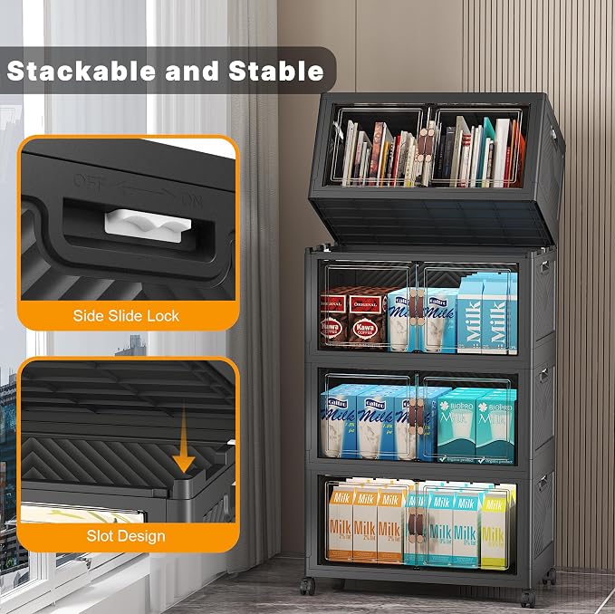 UAMFURI Stackable Storage Bins, 220QT Collapsible Drawers with 1 Lid | Large Capacity, Magnetic Door, Stack Lock, Rolling Wheels, Foldable Design, Organizers and Storage for Bedroom Dorm Garage