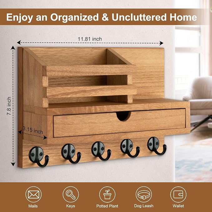 Key Holder Wall Mount, Mail Holder with Storage Drawer and 5 Key Hooks for Coat, Dog Leash, Home Decor Rack, House Accessories, Entry Way Organizer (Wood)