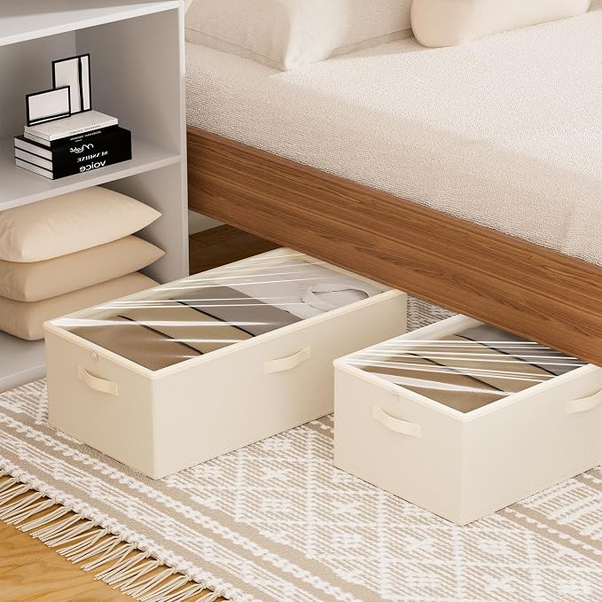 10inch 3 Pack Under Bed Storage Containers, 10 Inch Tall Underbed Clothes Storage Organizer Bin with Clear Window，Foldable Box Basket for Clothes, Closet, Bed Sheets and Blankets Beige