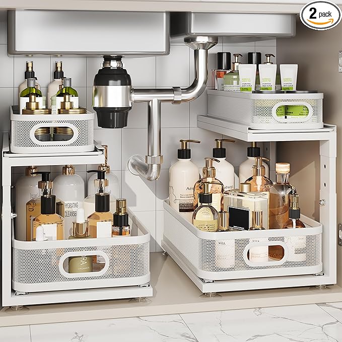 2 Pack Under Sink Organizer With Next-Gen Ball-Bearing Slides,2-Tier Precision Mesh Pull Out Cabinet Drawers Storage for Bathroom&Kitchen,Height Adjustable Shelf,Rust-resistant-Patent Pending