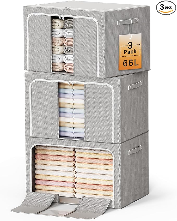 Clothes Storage Bins with Metal Frame Foldable Storage Box Clothes Organizers Storage Containers for Clothes Sheets Blankets Books Toys Gifts and Holiday Decorations (66Lx3 Pack)