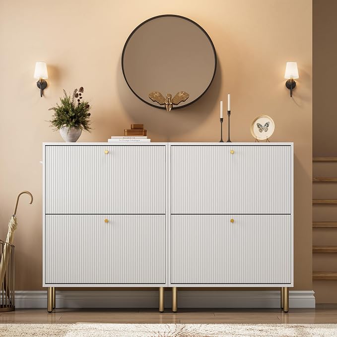 Nicetree Shoe Storage Cabinet for Entryway - 2 Flip Drawers Shoe Cabinet with Tiered Fluted Design - Slim Shoe Storage Rack with Gold Legs - Narrow Shoe Cabinet Hidden Shoe Organizer for Small Spaces